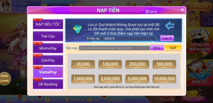 Cách nạp tiền game Awin68 bằng ví Viettelpay